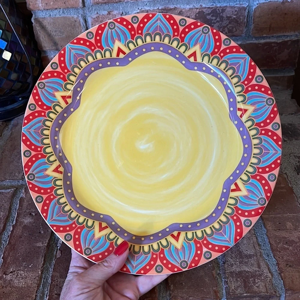 Elama Mandala Multicolored Zen Red Mozaik Stoneware Dinner Plates Set of 2